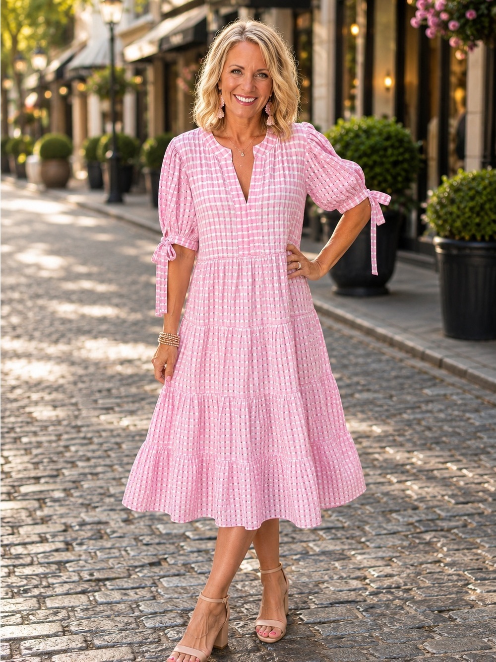 Fantastic Fawn Pink Gingham Tiered Midi Dress with Tie Sleeves Size Large